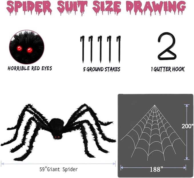 200" Halloween Spider Web + 59" Giant Spider Decorations, Triangular Huge Spiders Web and Hairy Scary Fake Spider, for Indoor Outdoor Porch Yard, Scary Haunted House Party, and Halloween Décor