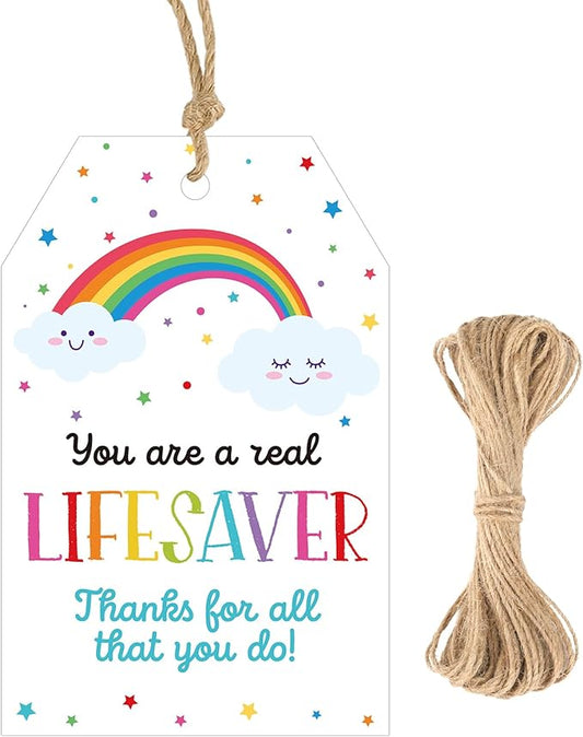 G2PLUS Thank You Tags - 50Pcs Thanks for All You Do Tags, Real Lifesaver Paper Gift Tag with String for Teacher, Volunteer, Nurse and Employee Appreciation, Thanksgiving Day Party Favors
