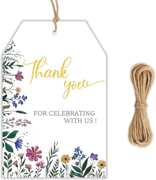 50PCS Floral Thank You for Celebrating with Us Tags, Elegant Botanical Gift Tags with String, 2.2"x3.3" Paper Thank You for Weddings, Baby Showers, Birthdays, Party Favors