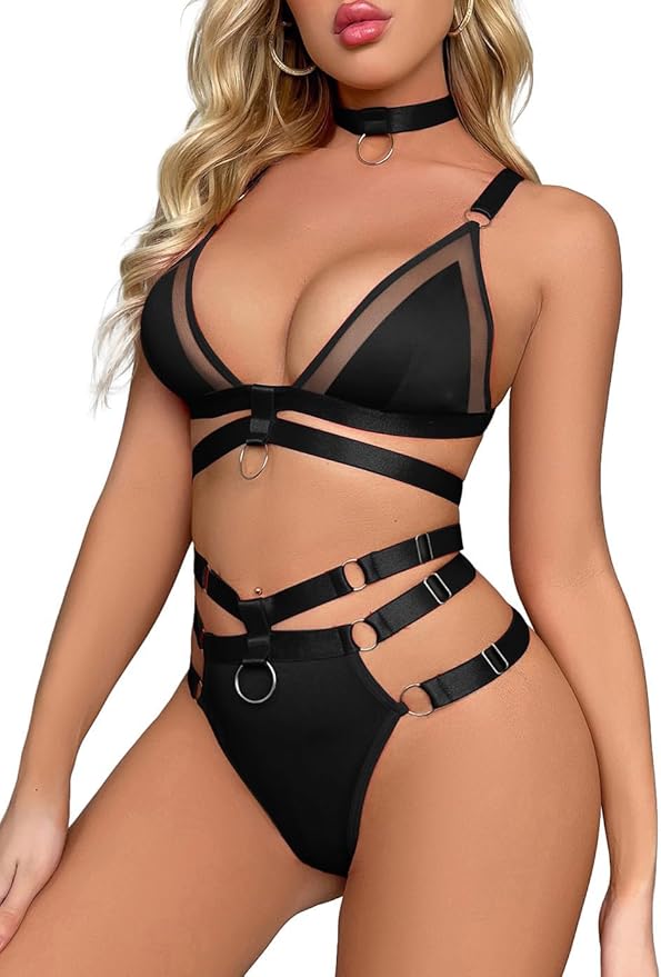 Lilosy Sexy Wireless Choker O Ring Linked Strappy Harness Lingerie Set Outfits 3 Piece