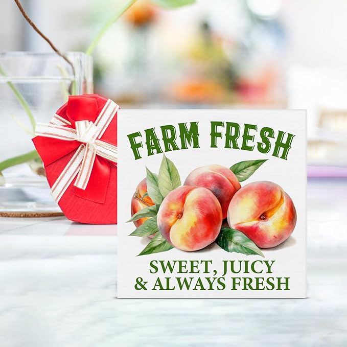 Peach Decor Farmhouse Summer Wood Block Sign Summer Decorations for Home Desk Table Shelf 5 x 5 Inches