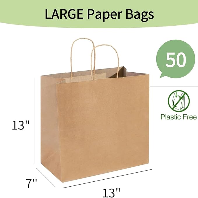 PAICUIKE 50Pcs Large Brown Paper Bags with Handles, 13x7x13 Inch Gift Bags for Business, Shopping, Party, Wedding & Birthday | Natural Brown Kraft Bags for Retail, Merchandise & Events