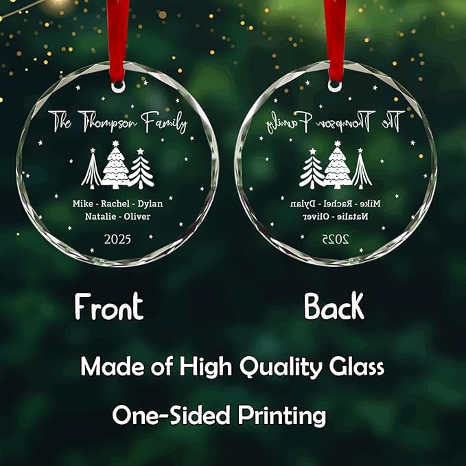 Personalized Round Christmas Crystal Glass Ornaments Custom 2025 Name Ornament for Tree Decor Customized First Christmas Tree Hanging Gifts for Family Friends