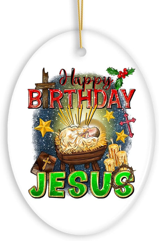 Happy Birthday Jesus Christmas Ornament, Nativity Religious Decor