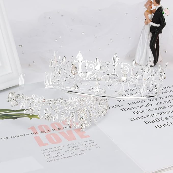 AOPRIE King & Queen Tear Drop Tiara and Crown for Women Men Crystal Hair Accessories for Wedding Prom Bridal Birthday Party Halloween Costume Christmas Gifts Silver Princess Tiara for Girls Boys