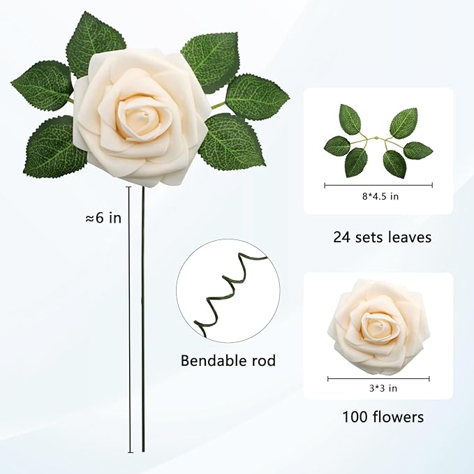 JOYLEX Artificial Flowers Realistic Roses, 100pcs Real Looking Fake Roses with Stem for DIY Wedding Bouquets Centerpieces Bridal Shower Party Home Romantic Decorations (Champagne)
