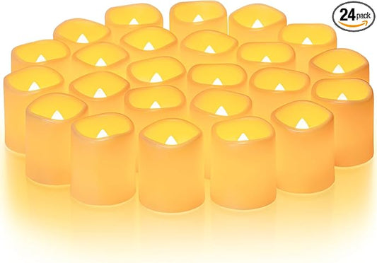 Homemory 24Pack Flickering Flameless Votive Candles,200+Hour Electric Fake Candles,Battery Operated LED Tealight for Wedding,Table,Outdoor,Halloween,Christmas Decoration-Amber Yellow