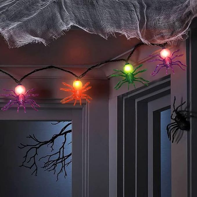 Halloween Spider String Lights, 8.5Ft Multi-Color Spider LED String Lights with 10 Lifelike Spider Lights Connectable Indoor/Outdoor Halloween Decoration for Party, Bar, House, Garden, Black Wire