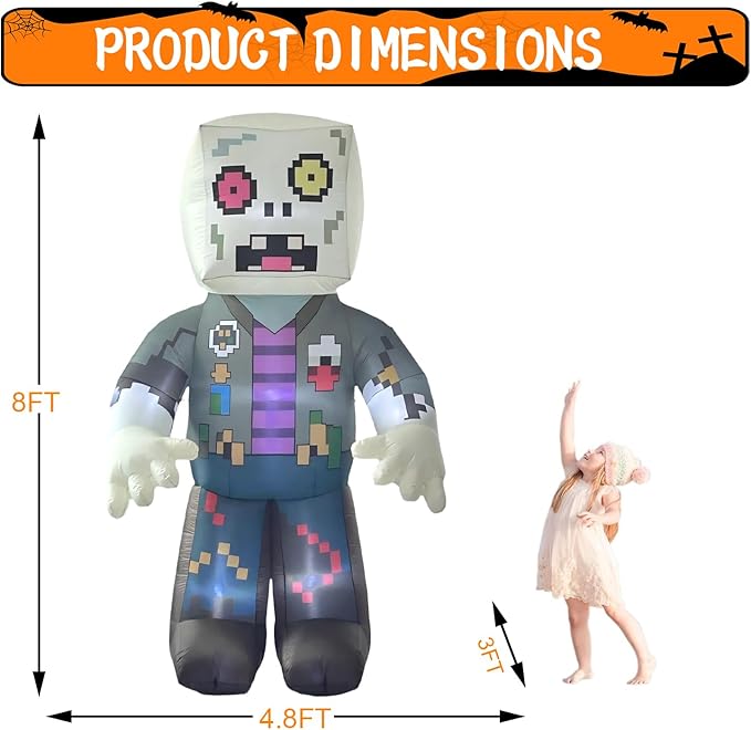LANGXUN 8ft Pixel Zombie 2025 Halloween Inflatable Decoration - Giant Blow-Up Outdoor Indoor Cute Skeleton Ghost Yard Decor with LED Lights for Lawn, Garden, Patio Party Display