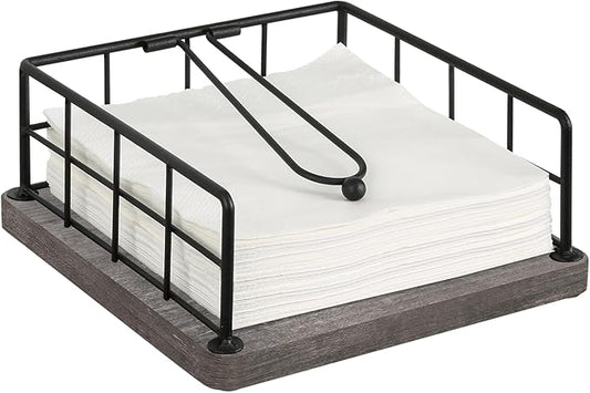 YINMIT Flat Napkin Holder for Table Wood, Gray Farmhouse Napkin Holders with Weighted Arm, Rustic Metal Square Napkin Holder Organizer for Kitchen Bathroom Dining Table