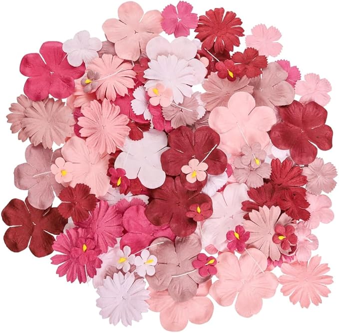 Handmade100 Pcs Mixed Flowers 18 mm - 2 Inch Mulberry Paper Flowers Scrapbooking Wedding DIY Craft Supplies Card (Pink Tone)
