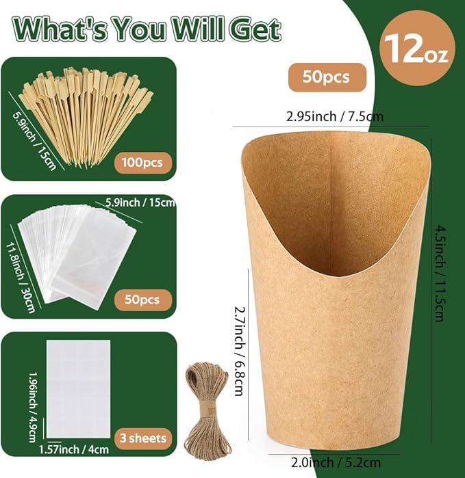50 Sets 12 oz Charcuterie Cups, 100 Picks + 50 Bags + 50 Labels, Disposable Charcuterie Cups with Sticks and Bags, Brown Paper Snack Cup Disposable French Fry Cup for Parties, Catering
