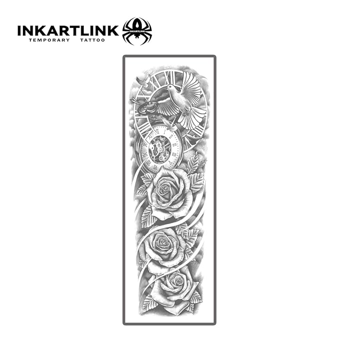INKARTLINK Semi Permanent Tattoo, 2 Pieces Full Arm Large Size Art Party Tattoos, Comes with a Pair of Anti-Transfer Sleeves, Lasts 7-15 Days, Waterproof (Rose, Dove of Peace, Clock)