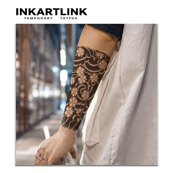 INKARTLINK Tattoo Tech,2 Sheets Extra-Large Semi Permanent Tattoo,Adult Art Design Temporary Tattoos, Lasts 1-2 Weeks, Waterproof, Realistic Look(Japanese Sakura Flower Arm Design)