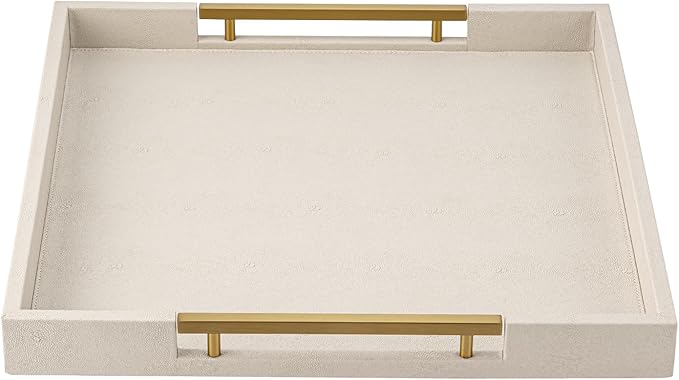 Beige Faux Leather Serving Tray with Handles – Large Decorative Tray for Coffee Table, Ottoman, Living Room, Bathroom – Home Decor