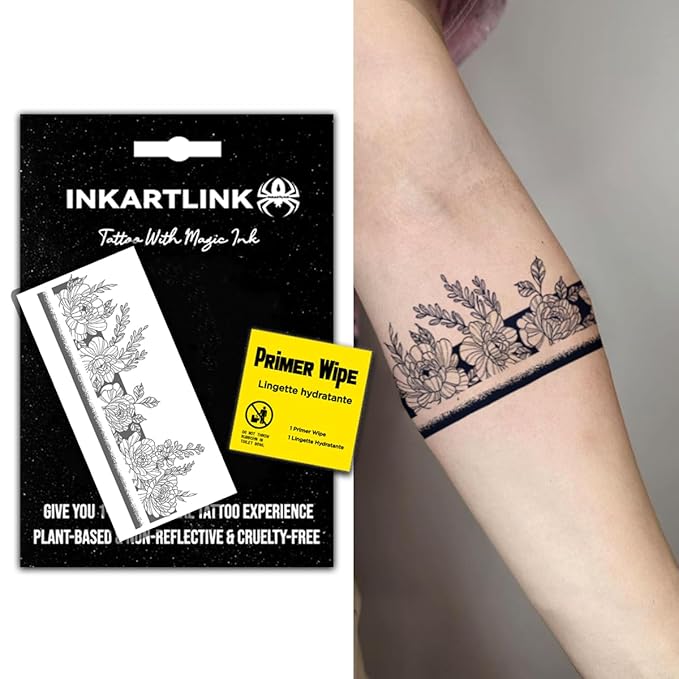 INKARTLINK Semi Permanent Tattoo, Temporary Tattoo, Beautiful and Realistic Design, Fun Tattoo Experience, Cruelty-free, Non-reflective, Waterproof (Flower Armband)