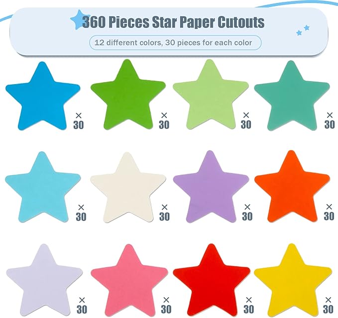 360 Assorted Color Paper Star Cut-Outs & Shapes - Accent Die-Cuts for Classroom Decor, Teachers, Kids DIY Craft Projects & Back to School Bulletin Board Decorations