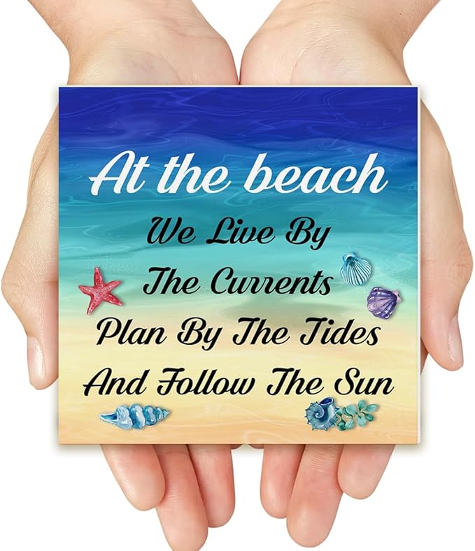Summer Beach Decor Seashell Wood Block Sign Summer Decorations for Home Desk Table Shelf 5 x 5 Inches