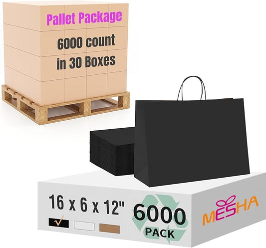 MESHA Gift Paper Bags 6000 PACK 16x6x12 Black Large Shopping Kraft Bags Bulk with Handles Reusable for Business,Grocery,Birthday,Wedding,Kids Party,Favors