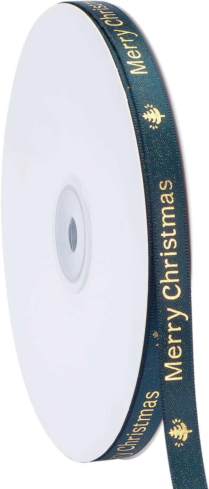 Christmas Ribbon,Red Satin Ribbon with Gold Pattern,Use for Christmas Craft,Gift Wrapping,Home Decor,3/8 Inches Total 50 Yards,Red/Green/Gold (Green, 3/8 inch*50 Yard)