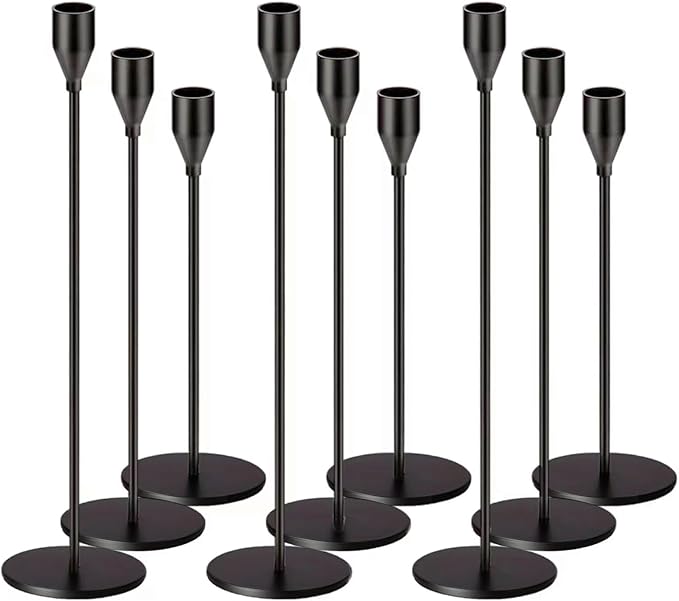 Matte Black Candlestick Holder for Taper Candles, Decorative Candle Holders Bulk Candle Stick Holders, Fits 3/4 inch Candles, Metal Taper Candle Holders for Table Centerpieces, Home Decor (Set of 9)