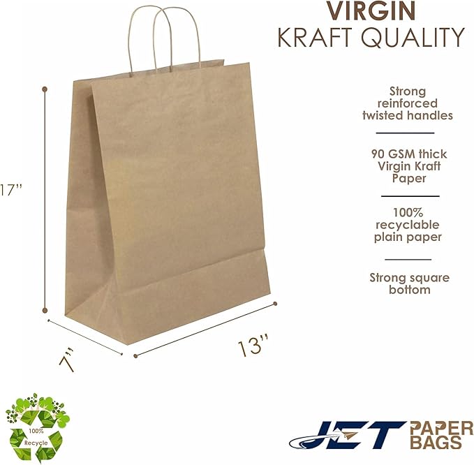 JET PAPER BAGS - Large Brown Paper Bags with Handles 13”x7”x17” Inch [25 Pcs] Prime for Takeout, Grocery, Goody, Retail, Party, Gifts, Weddings