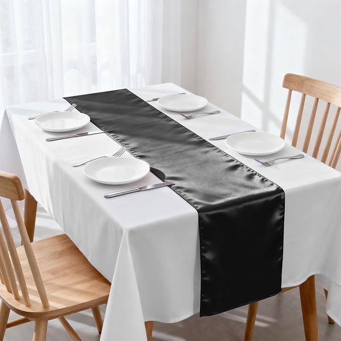 10 Pack Satin Table Runner Black 12 x 108 Inch Long,Satin Silk Table Runner for Wedding,Birthday Party and Banquet(Black,10 Pack)