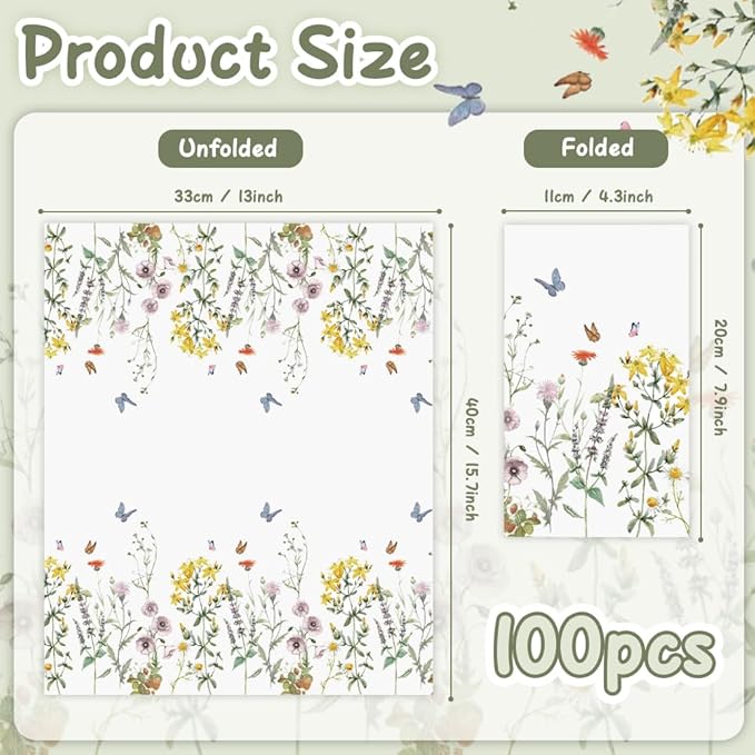 Floral Napkins 100 Pcs Watercolor Floral Paper Napkins Disposable Decorative Florals Cocktail Napkin Spring Flower Napkin Wildflower Dinner Napkin Guest Hand Towels for Wedding Baby Shower Birthday