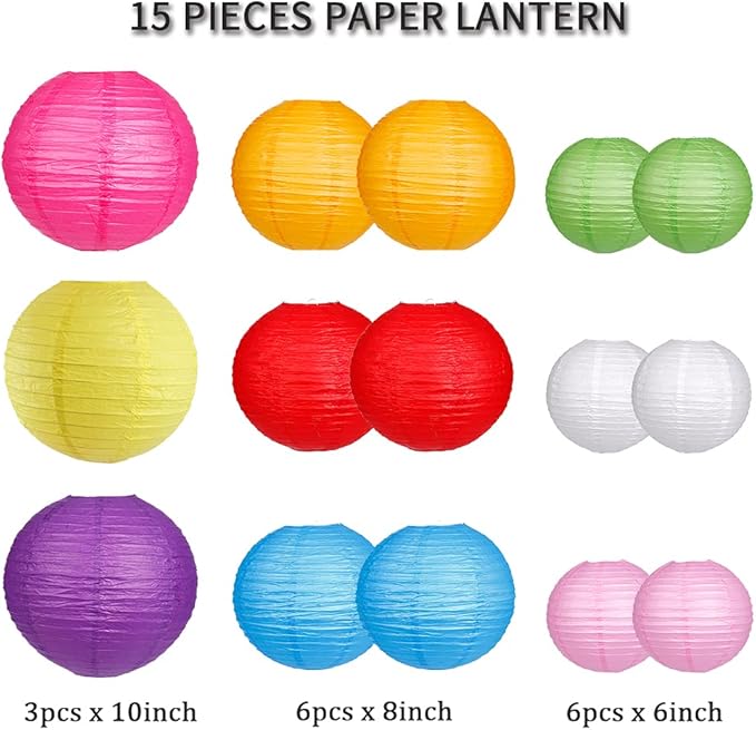 Paper Lanterns Decorative, Round Hanging Paper Lanterns for Wedding Rainbow Birthday Party Mexican Fiesta Decorations Colorful 15pcs