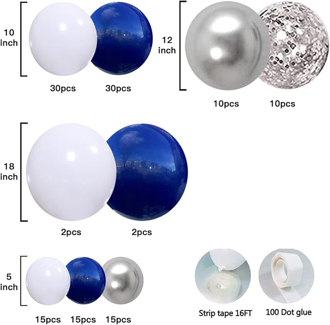 Zesliwy Navy Blue Silver Balloons Garland Kit, Navy Blue White Silver Confetti Balloons Arch Kit for Birthday Party Bridal Shower Wedding Graduation Class of 2025 Prom Decorations……