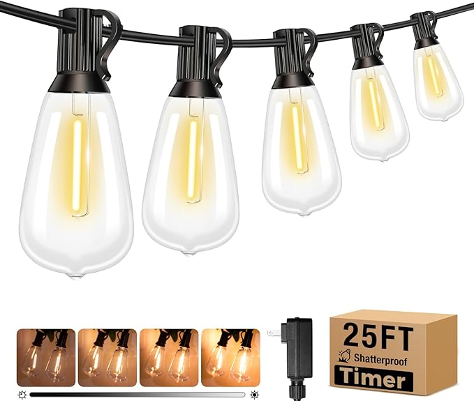 litogo 25 FT LED String Lights for Outside, Waterproof Outdoor Patio Lights with Dimmable Edison Bulbs, Warm White Hanging Light with Timer for Porch Backyard Gazebo Holiday Party