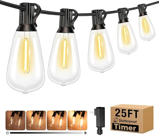 litogo 25 FT LED String Lights for Outside, Waterproof Outdoor Patio Lights with Dimmable Edison Bulbs, Warm White Hanging Light with Timer for Porch Backyard Gazebo Holiday Party