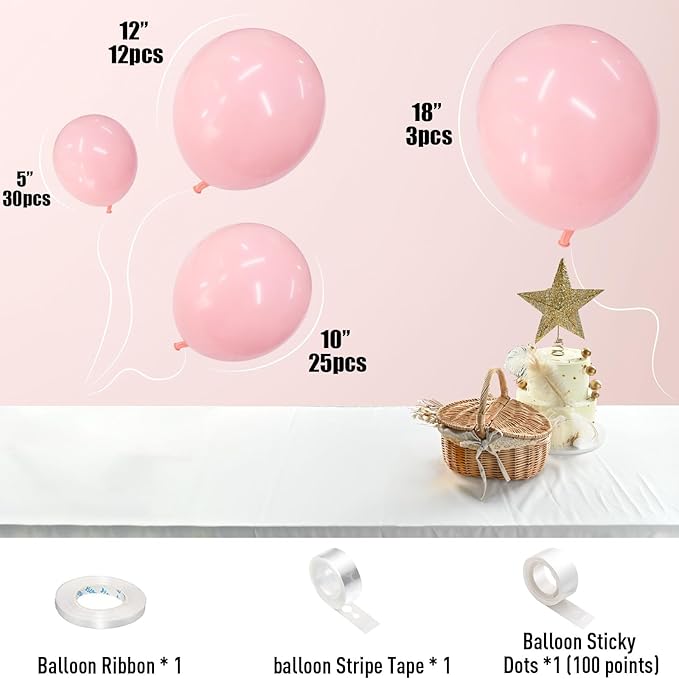 Pink Balloons Double Stuffed, Pastel Pink Balloon Garland Light Pink Balloons Different Sizes 18/12/10/5 Inch Baby Pink Balloon Arch Kit for Birthday Baby Shower Gender Reveal Bridal Party Decorations