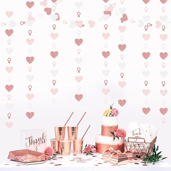 Rose-Gold Pink White Heart-Ring Garland - 52Ft Engagement Bachelorette Party Decorations Wedding Paper Streamers Banner,Galentines Proposal Decor Lasting Surprise