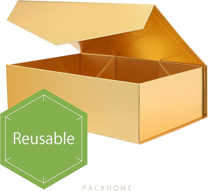 PACKHOME 6 Large Christmas Gift Boxes with Lids 13.5x9x4.1 Inches, Sturdy Collapsible Gift Boxes with Magnetic Closure for Xmas (Glossy Gold)