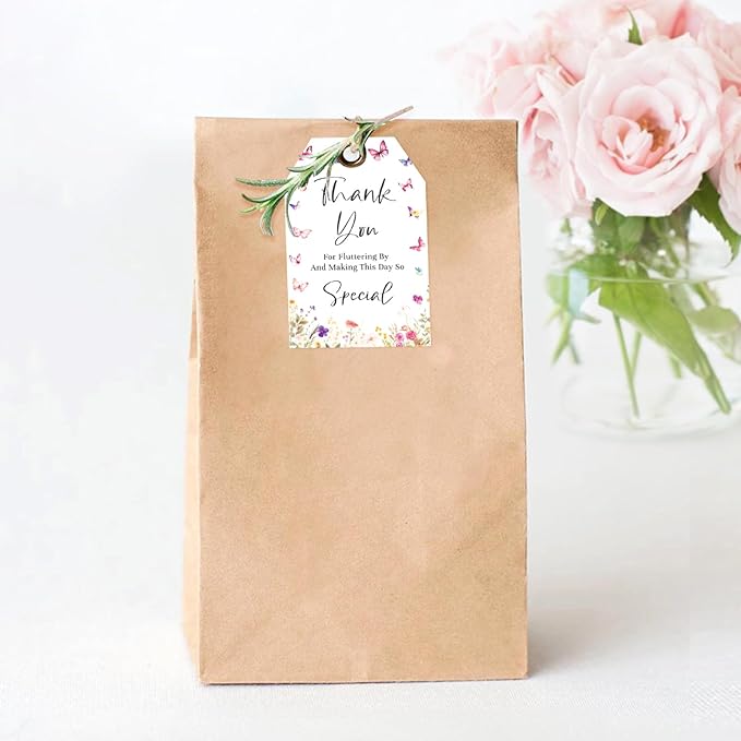 G2PLUS Butterfly Thank You Tags, 50 Pcs Thank You for Fluttering by Tags, Floral Butterflies Paper Gift Tag with String for Baby Shower, Birthday, Wedding Party Favors