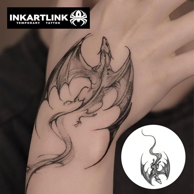 INKARTLINK Tattoo Tech, 2 Sheets Medium Semi Permanent Tattoo, Adult Art Design Temporary Tattoos, Lasts 1-2 Weeks, Waterproof, Realistic Look, No Reflection (Winged Dragon)