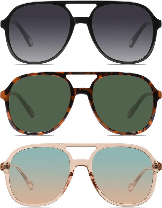 YDAOWKN Retro Square Aviator Sunglasses for Womens Mens Vintage 70s Double Bridge Sun Glasses