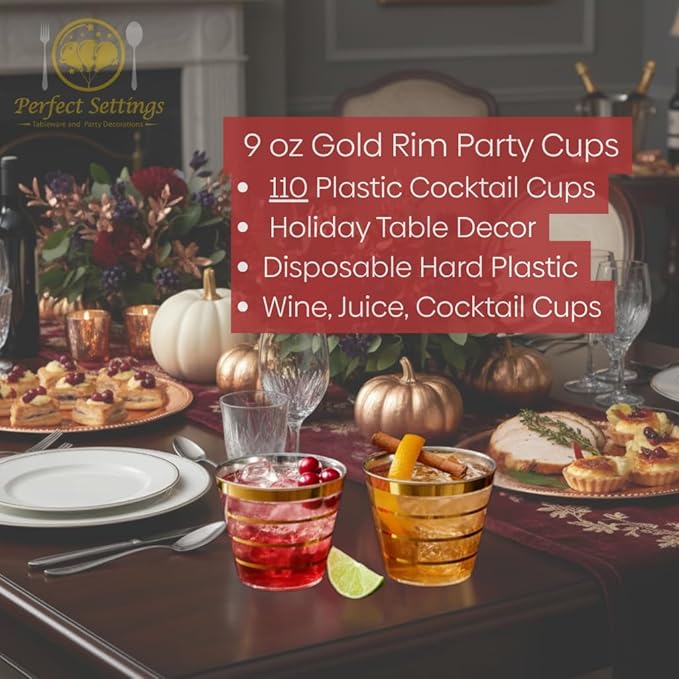 Perfect Settings 110 Gold 4 Line Clear Plastic Cups 9oz - Holiday Wedding Party Elegant Trimmed Disposable Cups, 4 Line Gold Party Cups