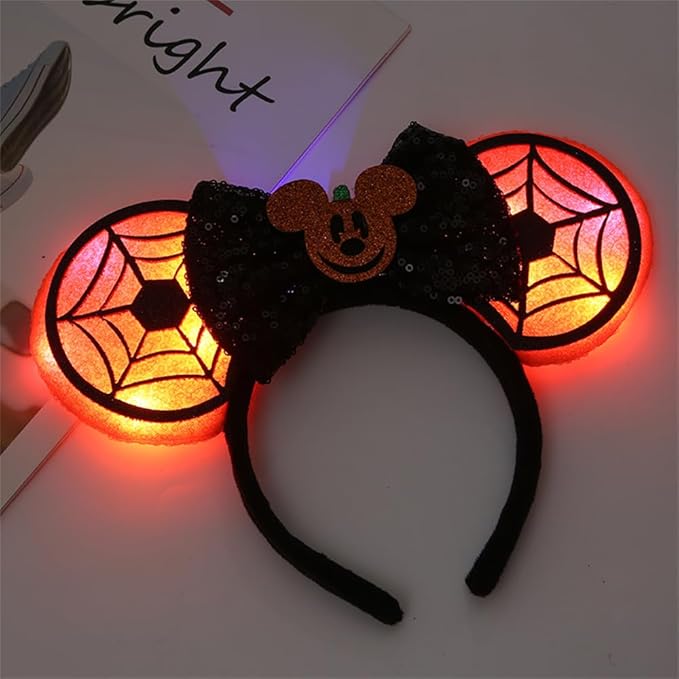 JIAHANG LED Halloween Mouse Ear Light Up Headband, Sequin Bow Hairband, Flash Glowing Party Decoration Headwear Hair Accessories