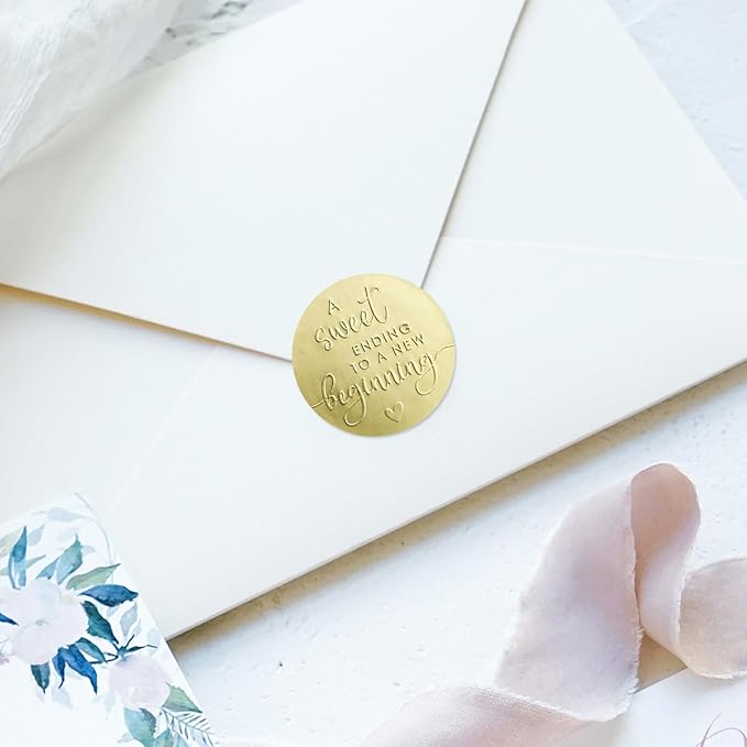 100 x A Sweet Ending to a New Beginning Stickers – Embossed Gold Foil Labels – Wedding & Graduation Favor Stickers for Candy or Gift Bags – Elegant Party Seals, 1.6 Inch