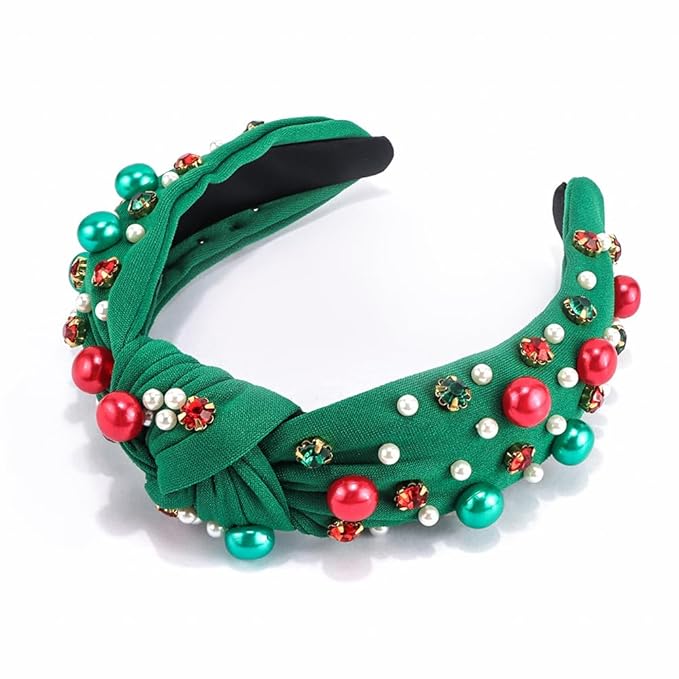 TODDER Green Christmas Knotted Headband, Santa Embellished Pearl Rhinestone Crystal Headband for Women and Girls Christmas Hair Accessories Costumes and Gifts for Themed Parties and Holiday