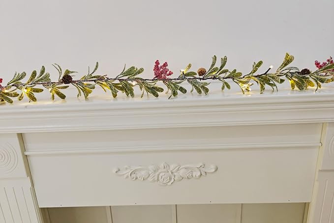 6FT Lighted Snow Christmas Garland, Olive Pine Garland Battery Operated with Timer, Winter Prelit Holiday Garland for Mantle Staircase Indoor Outdoor Centerpiece Table Fireplace Decor