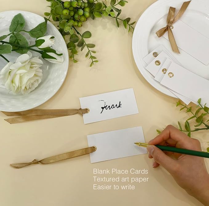 25 Pcs Name Place Cards Blank Seat Card, 2 x 4 in Table Cards with Stain Ribbon, Wedding Place Card, Hanging Tags for Wedding table Setting Reserved Chairs Signs Dinner Banquet Parties.(Gold)