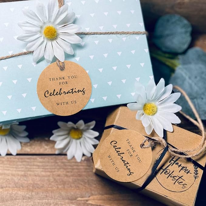 G2PLUS Thank You for Celebrating with Us Tags, 2.2in Original Design Kraft Paper Gift Tag, 100 PCS Thank You Present Tags with String for Gift Wrap, Wedding, Baby Shower, Holiday Party Favor (Brown)