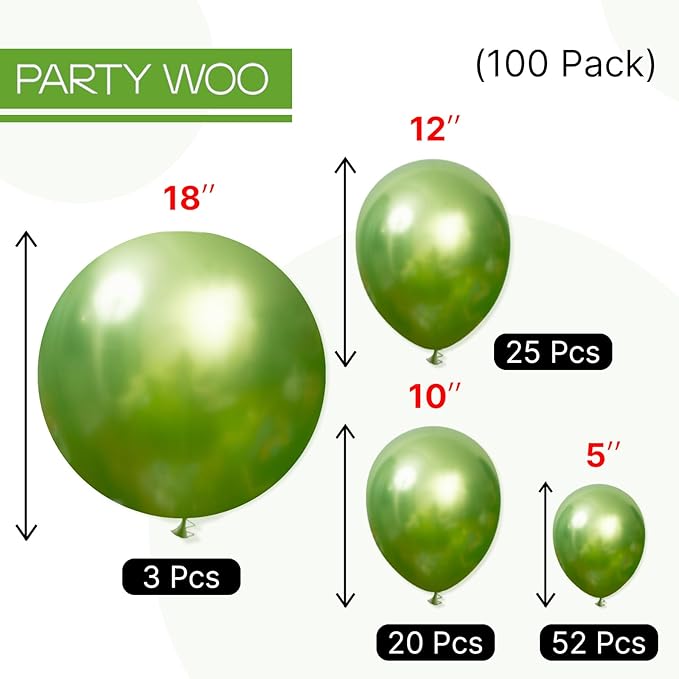 PartyWoo Metallic Green Balloons 100pcs Different Sizes of 18 12 10 5 Inch Metallic Apple Green Balloons for Graduation Spring Forest Summer Wedding Baby Shower Birthday Party Decorations Green-G121