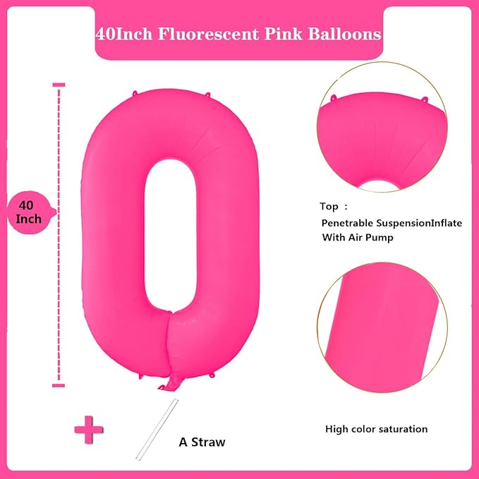 Fluorescent Rose Red Number Balloon 40 inch Giant Foil Helium Balloons Pink Number 0 Balloon for Birthday Party Decorations