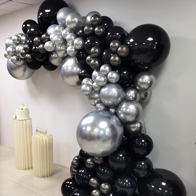 Black and Silver Balloons Garland Arch Kit, 135 Pcs Latex Balloon Different Sizes for Graduation Birthday Anniversary New Year Party Decors
