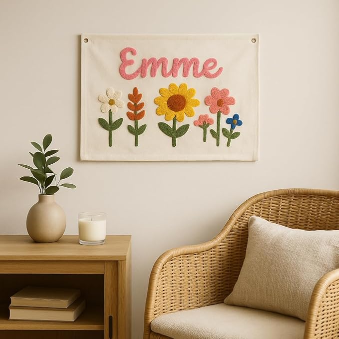 Personalized Name Hand Embroidered Banner Flag, Custom Baby Name Pennant Flowers Sign for Nursery, Customized Embroidered Canvas Flag for Birthday Gifts Kids Room Nursery Baby Shower Party Wall Decor