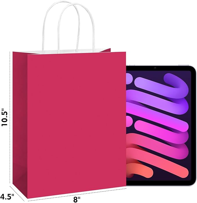REMTAP Gift Paper Bags 8×4.5×10.5 50Pcs Kraft Bags with Handles Bulk Gift Bag for Wedding Party Craft Retail Packaging, Shopping, Party Favor, Retail Bag (Pink-M-50pcs, 8 * 4.5 * 10.5)